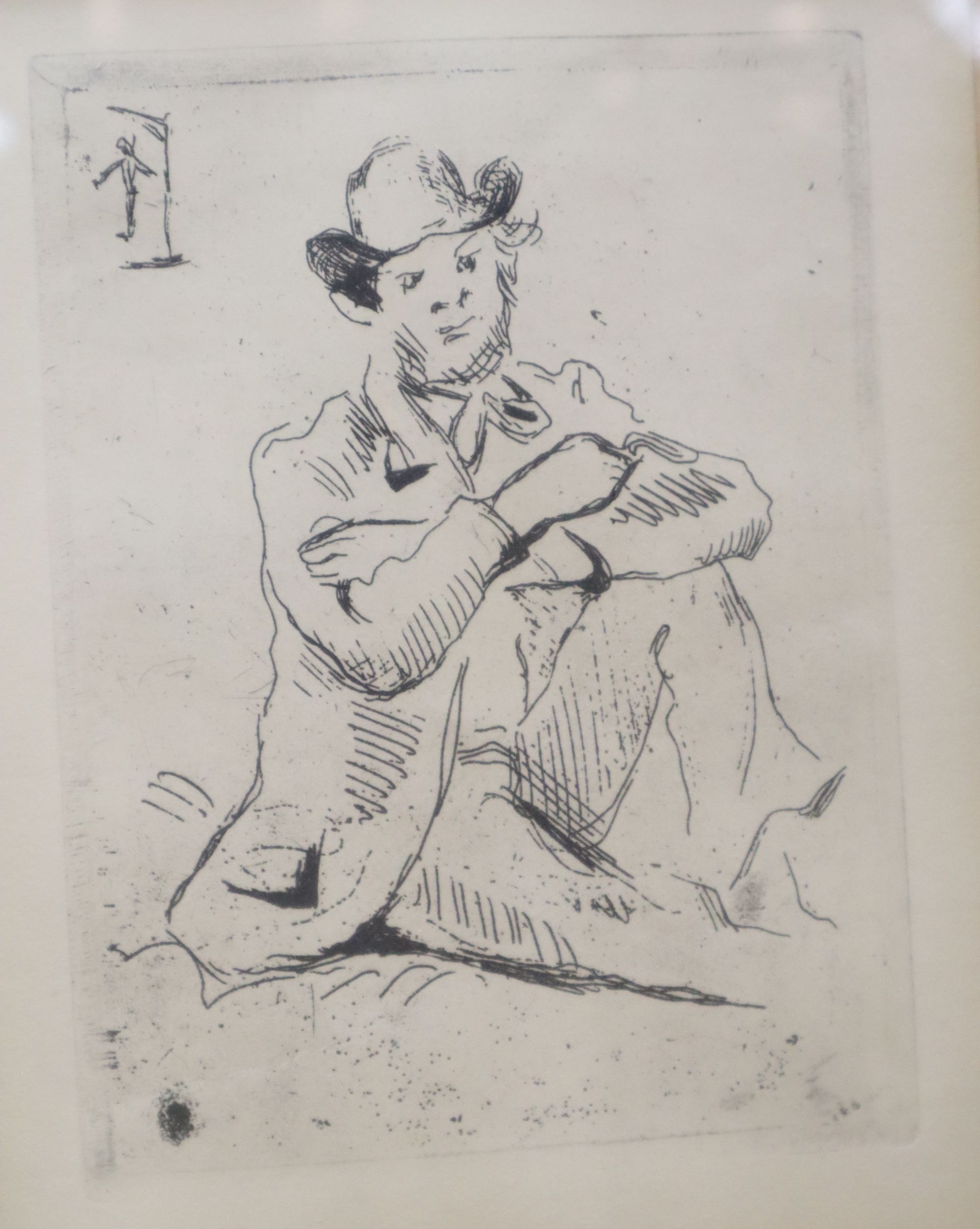 Henry Matisse, monochrome print, Artist and model, overall 29 x 36cm, a pair of prints after Picasso and a Cezanne reprint, Guillaumin